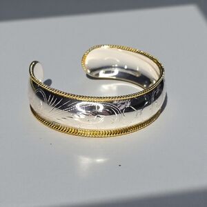 Vintage Sterling Silver Wide Cuff Bracelet Gold Rope Edge Engraved Floral 26g